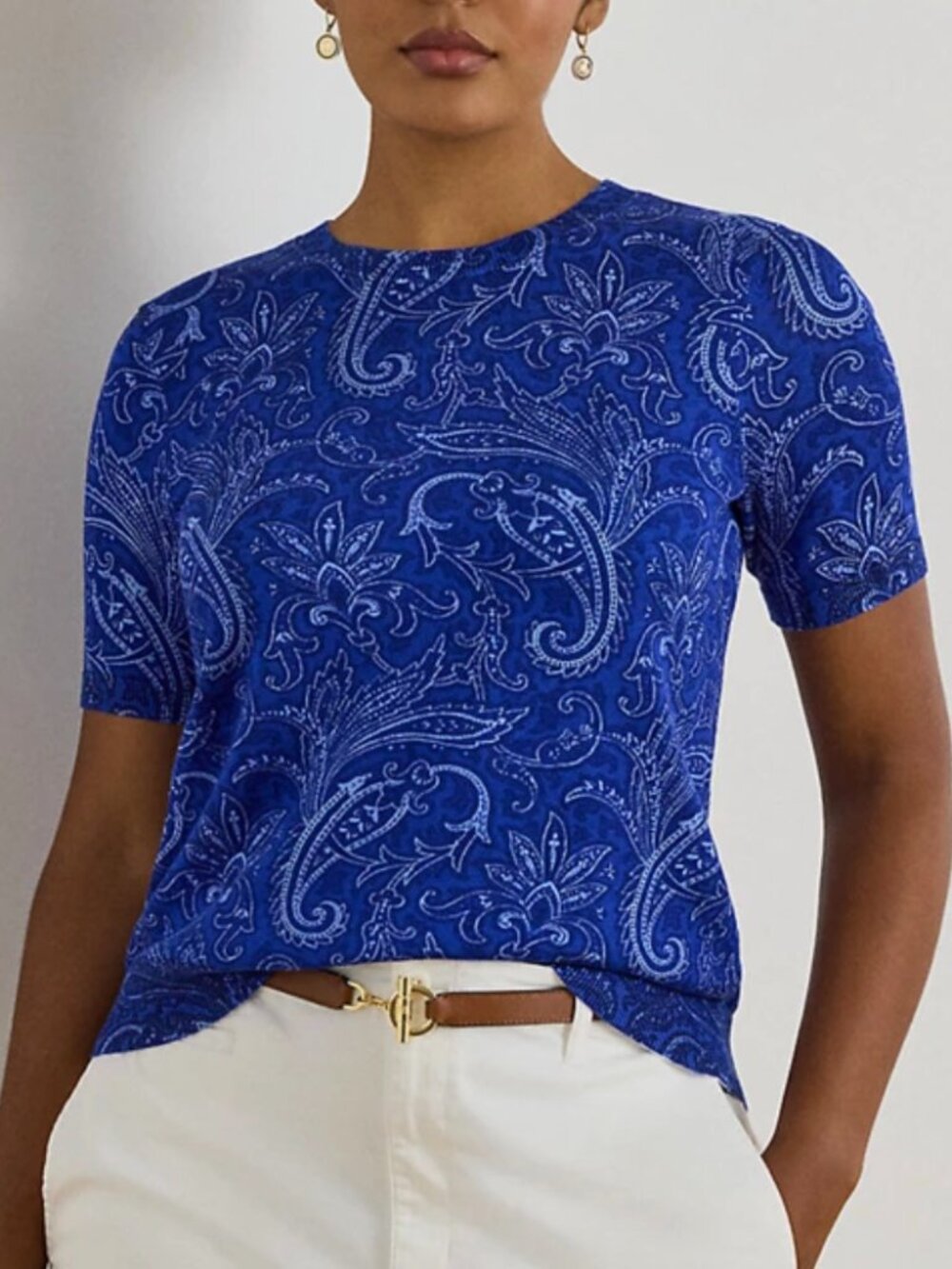 Lauren Ralph Lauren Paisley Short Sleeve Blue Knit Sweater Top - Size 1X